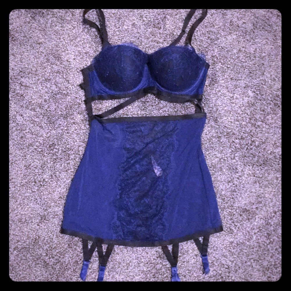 Victoria’s Secret, Blue Lace/Mesh Slip w/ Garters